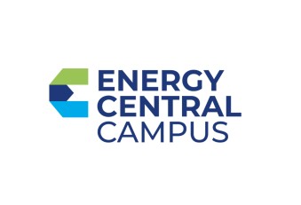 The logo for Energy Central Campus in Blyth, UK, 3 shades of blue and green together to form an "E" with the words "Energy Central Campus" alongside.