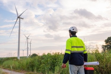 Wind technician in high-vis jacket and helmet standing on a rural track, looking out at a line of wind turbines on the horizon.