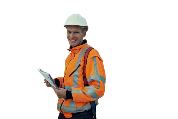 Two individuals in safety gear, engaged in a discussion or planning activity.