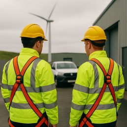 Two wind turbine technicians in hi-vis PPE in front of a white truck and wind turbine.